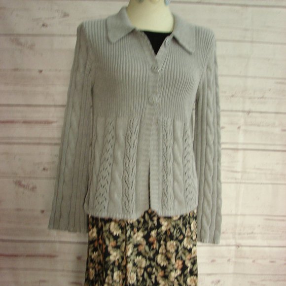 Lt Gray Cable Knit Flare Sleeve Cardigan Sweater L - Picture 3 of 16